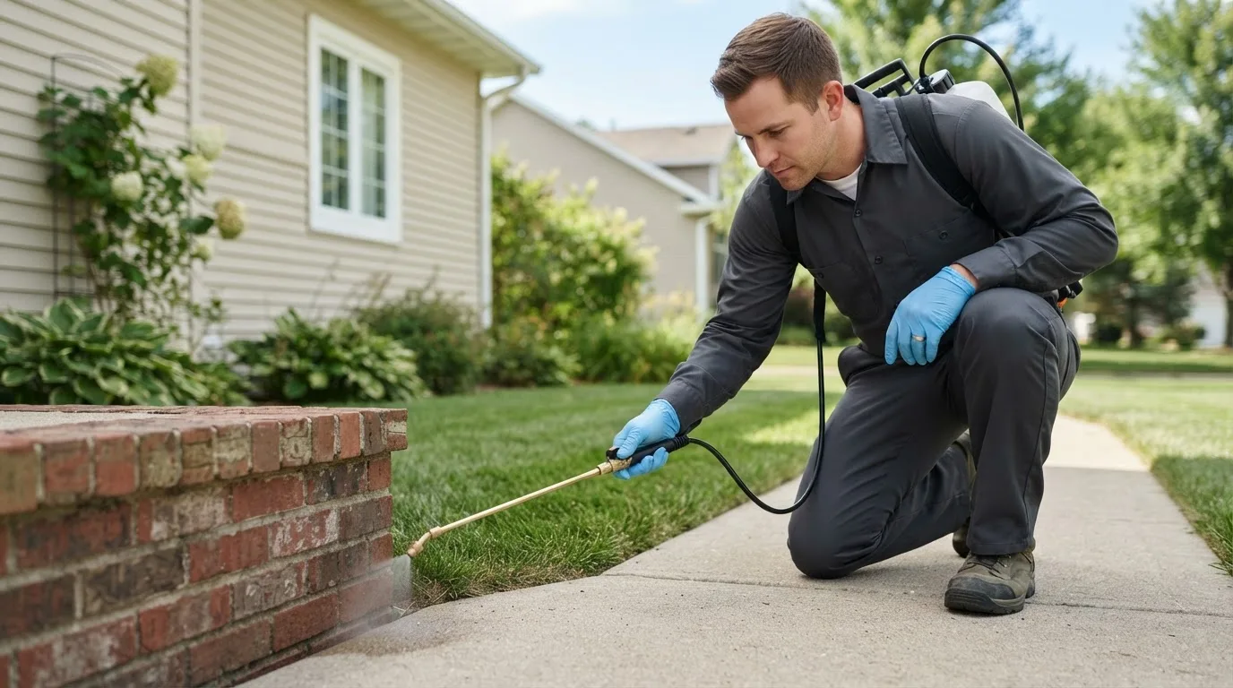 Pest control technician treating a home near Teec Nos Pos, AZ
