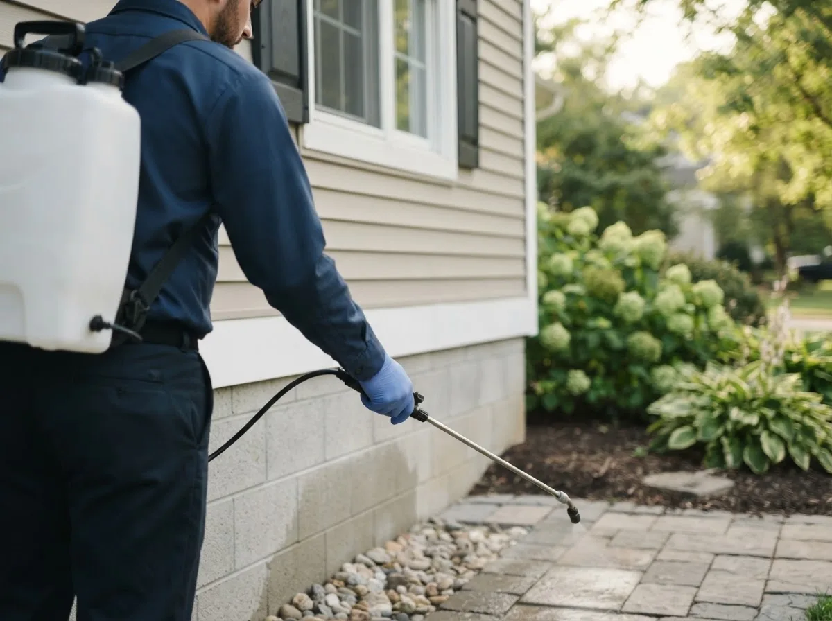 Pest control technician inspecting a home in Teec Nos Pos, AZ